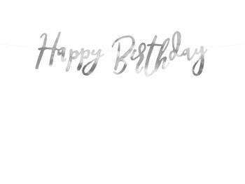 Baner Happy Birthday, srebrny, 16,5x62 cm - PartyDeco