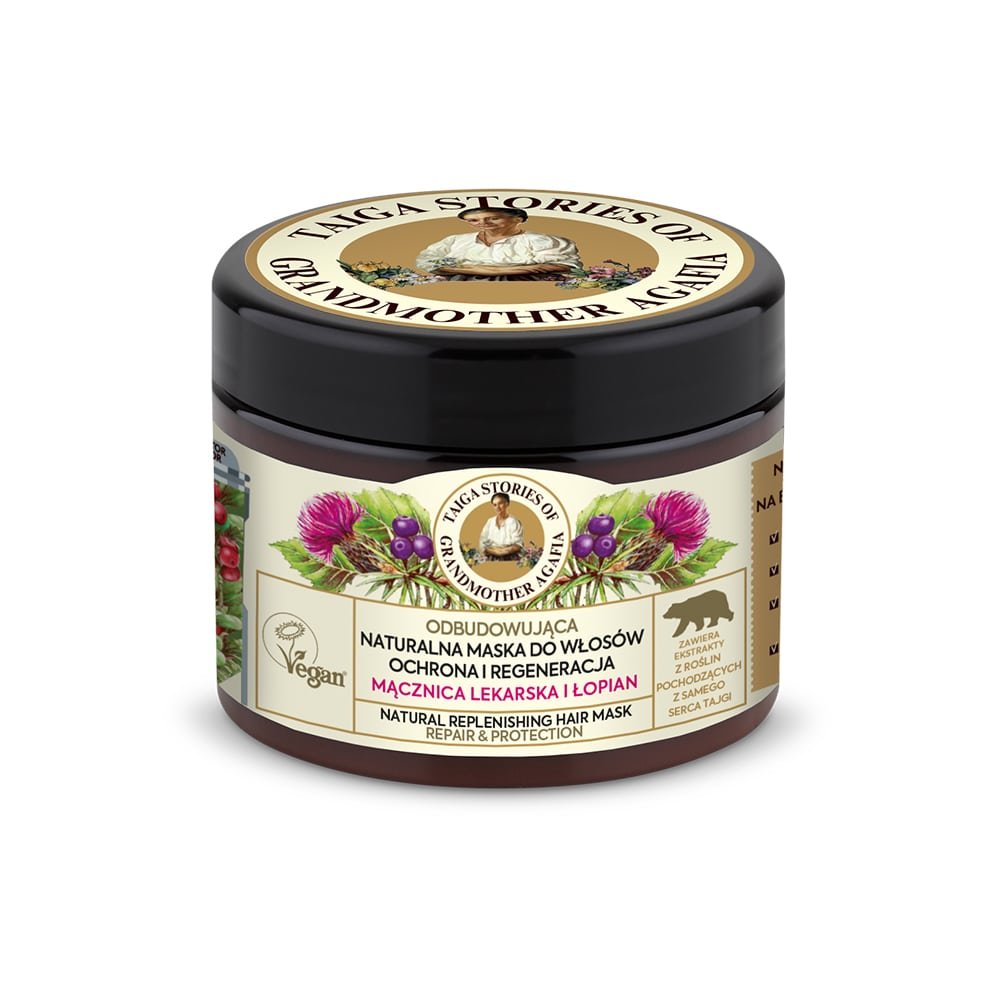 Bania Agafii Tajga stories odbudowująca naturalna maska do włosów zniszczonych z mącznicą lekarską i łopianem 300ml-Zdjęcie-0