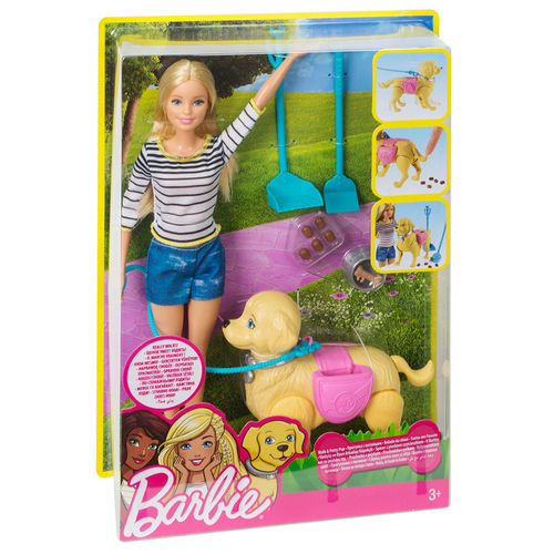 Barbie, Barbie Family, spacer z pieskiem czyścioszkiem