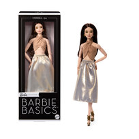 Barbie Basics Model 06, Kolekcjonerska lalka modowa, brunetka, błyszcząca złocista spódniczka i bluzka wiązana na szyi, dla dzieci 6+, fanów i kolekcjonerów JJX25