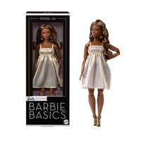 Barbie Basics Model 09 Kolekcjonerska lalka modowa brunetka, złocista sukienka i buciki na obcasie, Zabawka 6+  JJX28