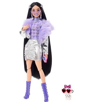 Barbie Extra Lalka Srebrzysty strój i fioletowe boa/Czarne włosy - Barbie