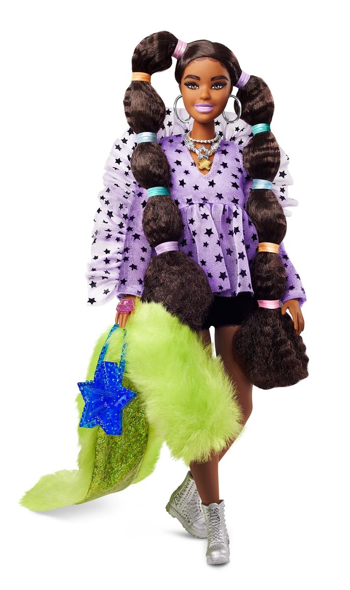 Barbie, lalka, Extra Moda, tunika w gwiazdki, brązowe kucyki-Zdjęcie-0