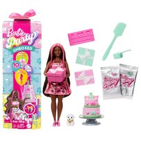 Barbie Party Unboxed Imprezowe niespodzianki Urodziny pieska Zestaw Błyszczące serduszka Lalka i akcesoria, 10 niespodzianek,w tym zmiana koloru i zabawa w dekorowanie tortu, zabawka dla dzieci, JFG71
