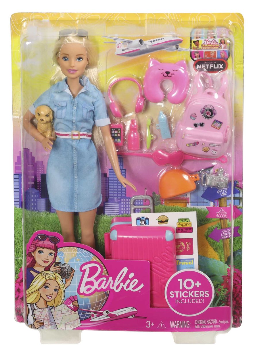 Barbie w podróży, Lalka + akcesoria, Zestaw 3+ FWV25
