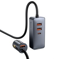 Baseus Share Together, Ładowarka samochodowa z przedłużaczem, 3x USB, USB-C, 120W, szara Baseus