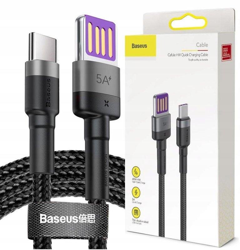 BASEUS Szybki Kabel USB -C 1m 40W 5A Szary Czarny w Oplocie do Ładowarki QC