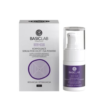 BASICLAB - Korygujące serum pod oczy z retinalem 0,03%, 20% kompleksem peptydów i czynnikami wzrostu, Redukcja i Stymulacja, 15ml - BasicLab