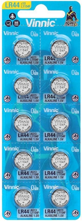 VINNIC LR44 L1154F AG13 Alkaline Coin Battery (10 Pack) 1.5v 110mAh 