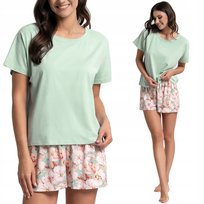 BAWEŁNIANA PIŻAMA DAMSKA Z KRÓTKIM RĘKAWEM I SZORTAMI W KWIATY MORAJ L GREEN