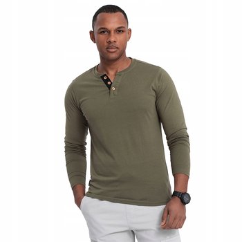 Bawełniany longsleeve męski z guzikami ciemnooliwkowy OM-LSCL-0107 V1 r L - Ombre