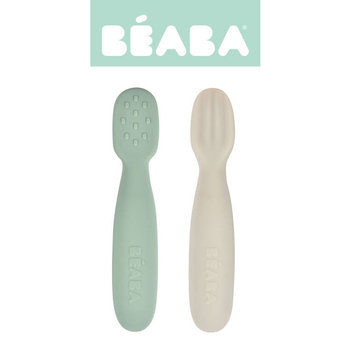 Beaba,  Zestaw 2 silikonowych pierwszych łyżeczek - gryzaków Sage green/velvet grey - Beaba