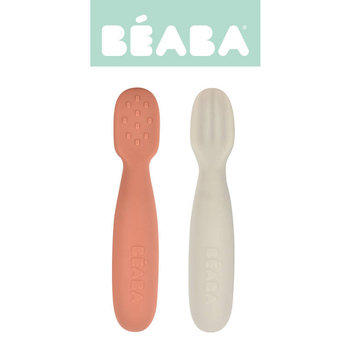 Beaba,  Zestaw 2 silikonowych pierwszych łyżeczek - gryzaków Terracotta/velvet grey - Beaba