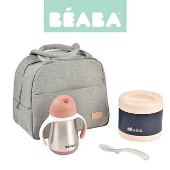 Beaba Zestaw podróżny w torbie izotermicznej: termos obiadowy ze stali nierdzewnej 500 ml, bidon termiczny ze słomką 250 ml i silikonowa łyżeczka 8m+ Old Pink - Beaba