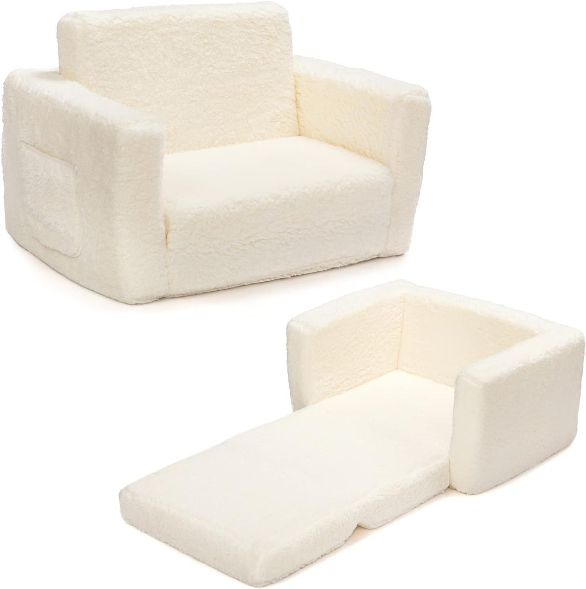 BEJOY Sofa dla Dzieci 2w1 Kanapa Rozkładana Fotel Miękka Sherpa Biała ...