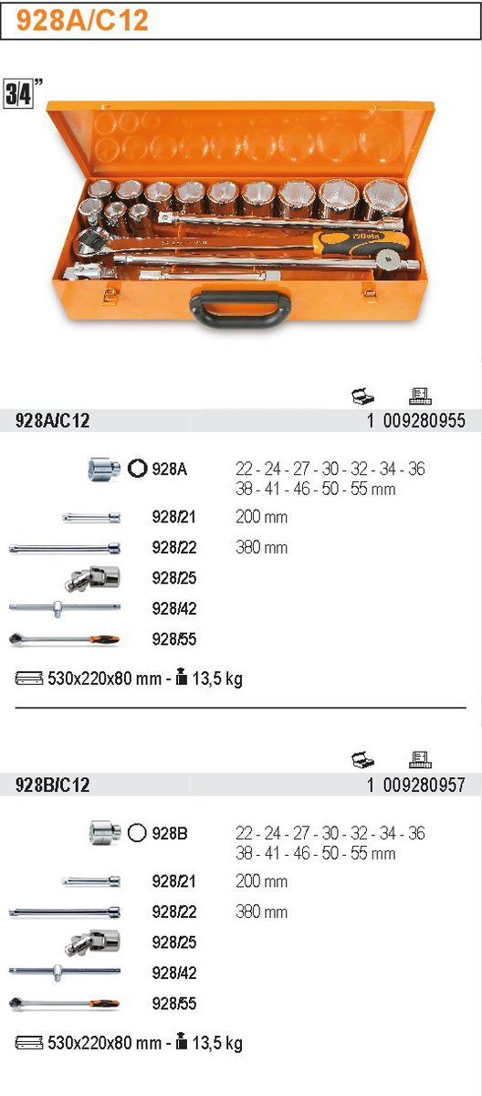 BETA ZESTAW NASADEK 6-KATNYCH 3/4' + AKCESORIA 17 elem. /928A/C12