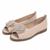 Beżowe Baleriny Damskie Ażurowe Skórzane Peep Toe 38 Goodin