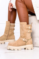 Beżowe botki workery ze złotym łańcuchem POLSKA SKÓRA Casu 9973-ARIA-41