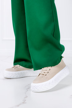 Beżowe trampki creepersy na ozdobnej platformie buty sportowe sznurowane Casu RE15P-39 - Casu