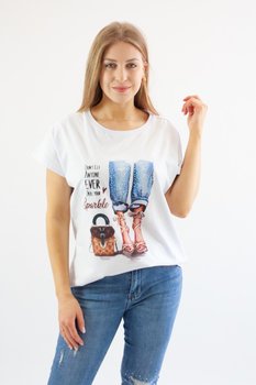 Biała koszulka z kobiecym wzorem i cekinami Vera UNI - Nelino