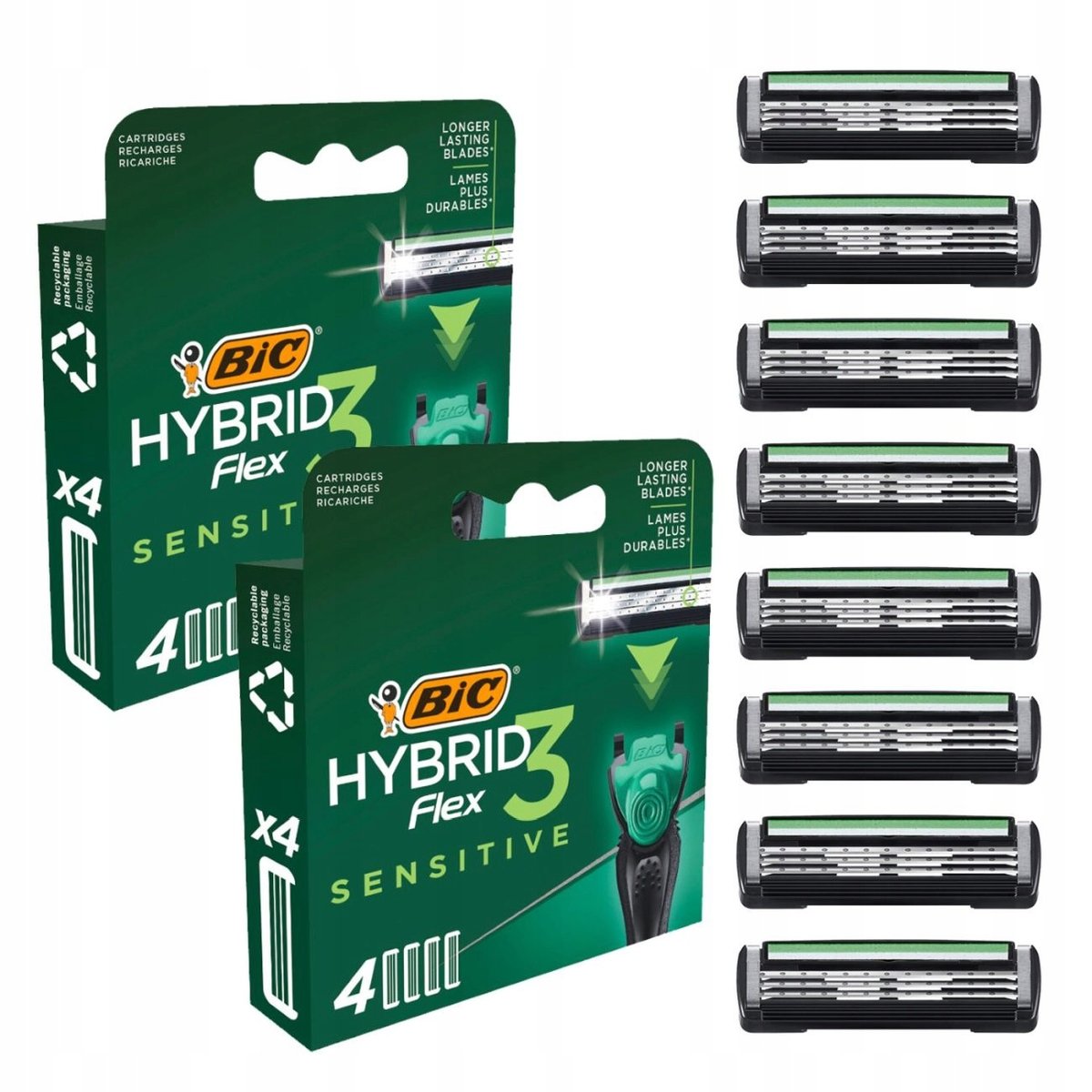 BIC HYBRID 3 FLEX SENSITIVE WKŁADY DO MASZYNEK OSTRZA NOŻYKI ZESTAW x8 ...