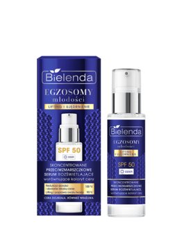Bielenda EGZOSOMY MŁODOŚCI Skoncentrowane przeciwzmarszczkowe serum rozświetlające, wyrównujące koloryt cery SPF 50, na dzień, 30 ml - Bielenda
