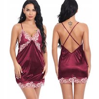 Bielizna Damska Satynowy Komplet Koronka Koszulka Nocna Halka Stringi Kolor Bordo