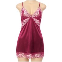 Bielizna Damska Satynowy Komplet Koronka Koszulka Nocna Halka Stringi Kolor Bordo