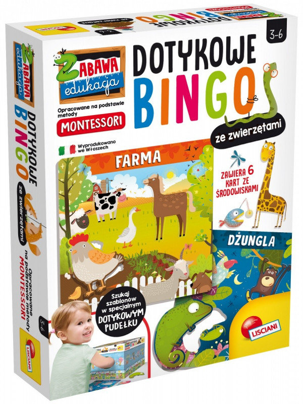 Bingo Montessori Dotykowe ze zwierzętami, gra edukacyjna, Lisciani