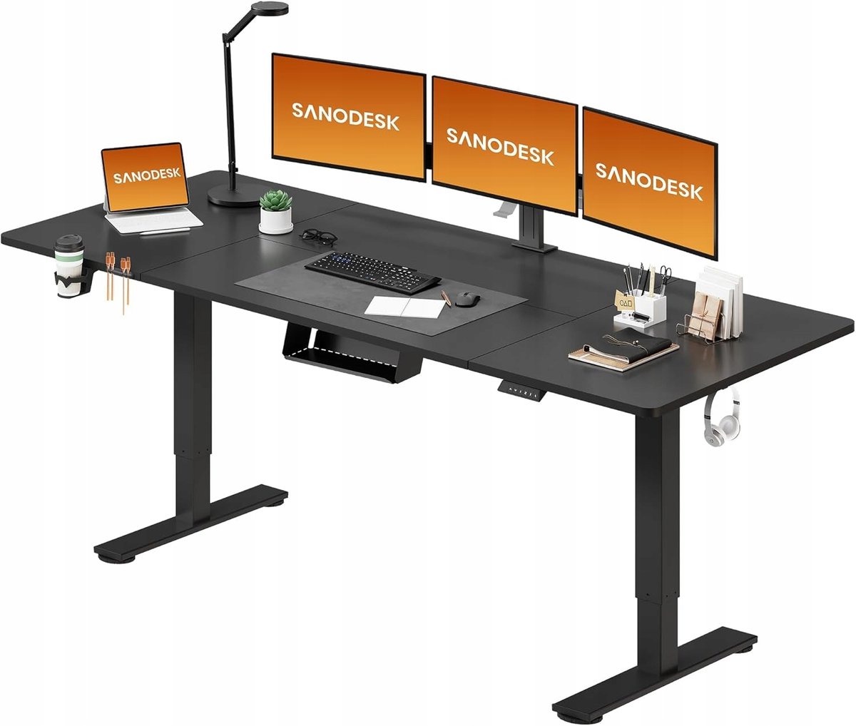 BIURKO ELEKTRYCZNE SANODESK 200X80 CM CZARNE PAMIĘĆ HACZYKI BLOKADA DZIECI
