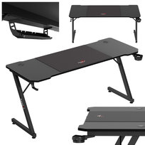 Biurko gamingowe Huzaro Hero 4.8 czarne, 2 wloty na przewody i maskownica, Uchwyty na słuchawki i kubek, Podkładka XXL w zestawie