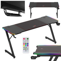 Biurko gamingowe Huzaro Hero 4.8 RGB czarne, oświetlenie led, 2 wloty na przewody i maskownica, Uchwyty na słuchawki i kubek, Podkładka XXL w zestawie