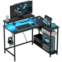 Biurko HOMCOM w kształcie litery L z oświetleniem LED, gniazdkami elektrycznymi, portami USB, biurko komputerowe z półką, podstawą pod monitor i haczykami, 107 x 80 x 90 cm, czarne