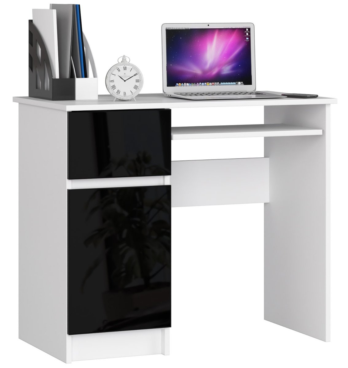 Фото - Офісний стіл Akord Biurko komputerowe 90 cm Piksel lewe małe 3 półki 1 szuflada 1 drzwi - Bia 