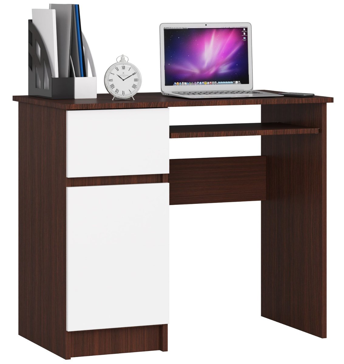 Фото - Офісний стіл Wenge Biurko komputerowe 90 cm Piksel lewe małe 3 półki 1 szuflada 1 drzwi - Wen 