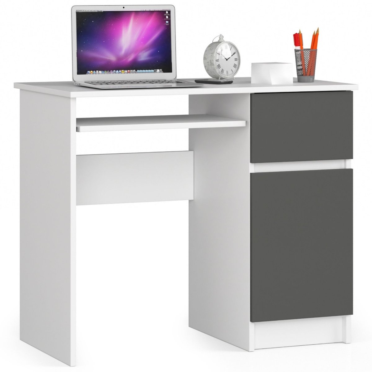 Фото - Офісний стіл Biurko komputerowe 90 cm Piksel prawe małe 3 półki 1 szuflada 1 drzwi - Bi