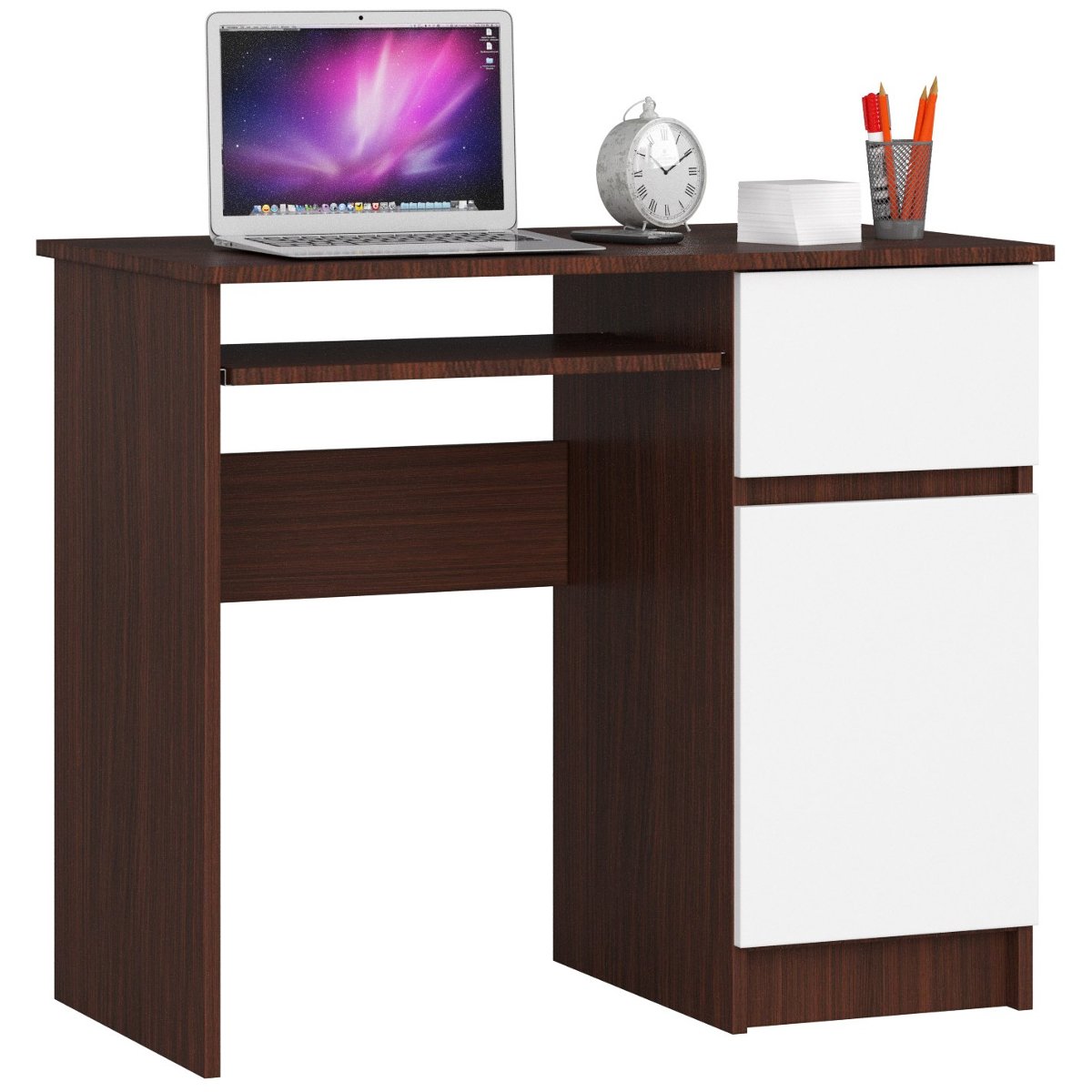 Фото - Офісний стіл Wenge Biurko komputerowe 90 cm Piksel prawe małe 3 półki 1 szuflada 1 drzwi - We 