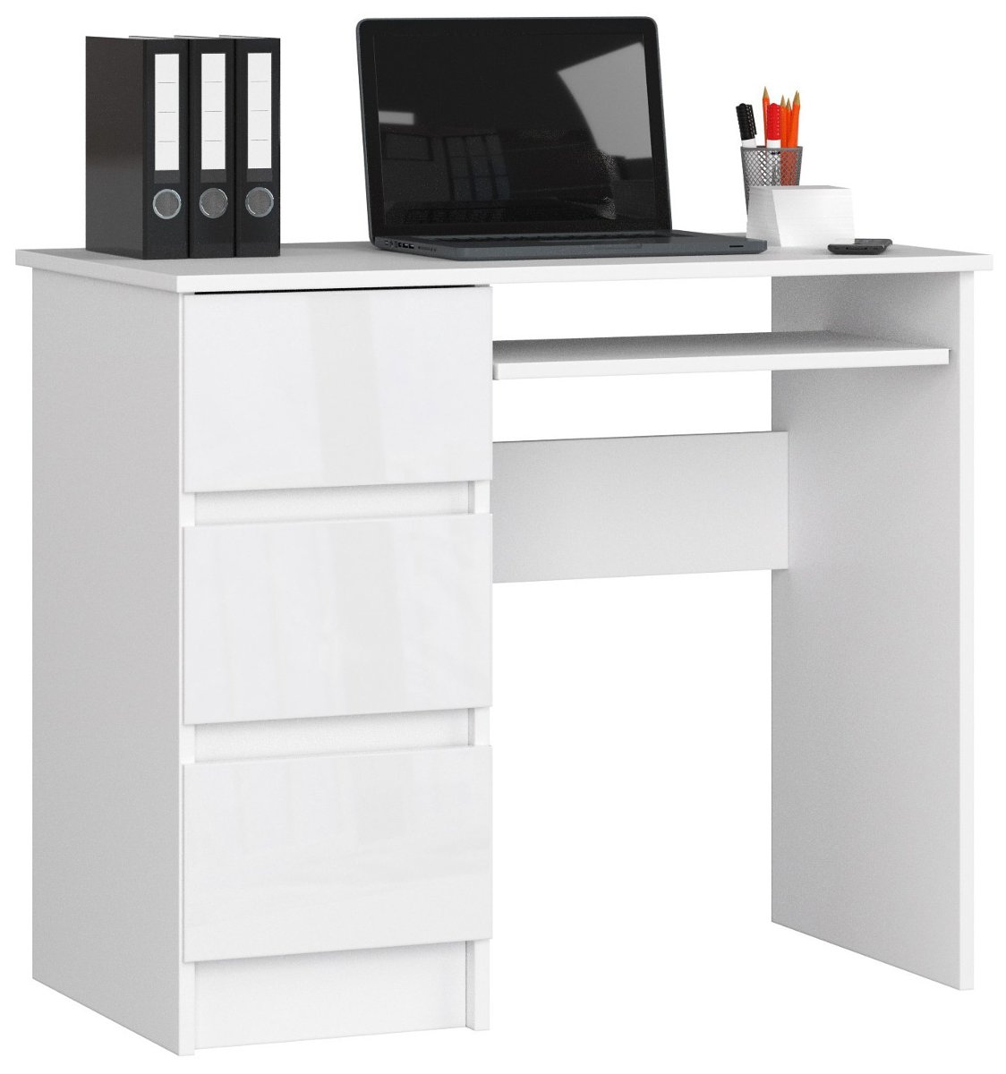 Фото - Офісний стіл Biurko komputerowe A-6 90 cm lewostronne 3 szuflady 1 półka małe - Białe B