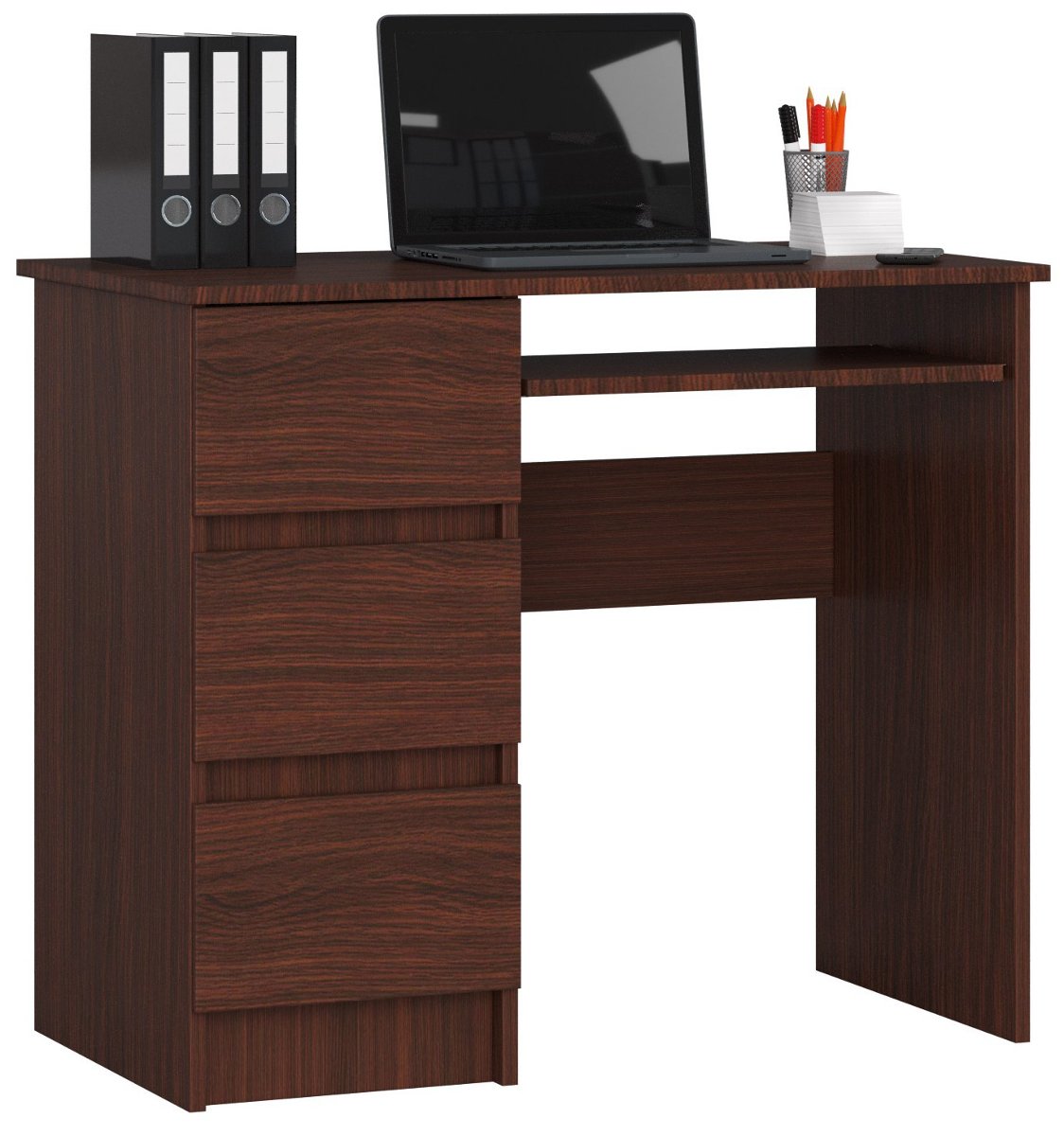 Фото - Офісний стіл Wenge Biurko komputerowe A-6 90 cm lewostronne 3 szuflady 1 półka małe  