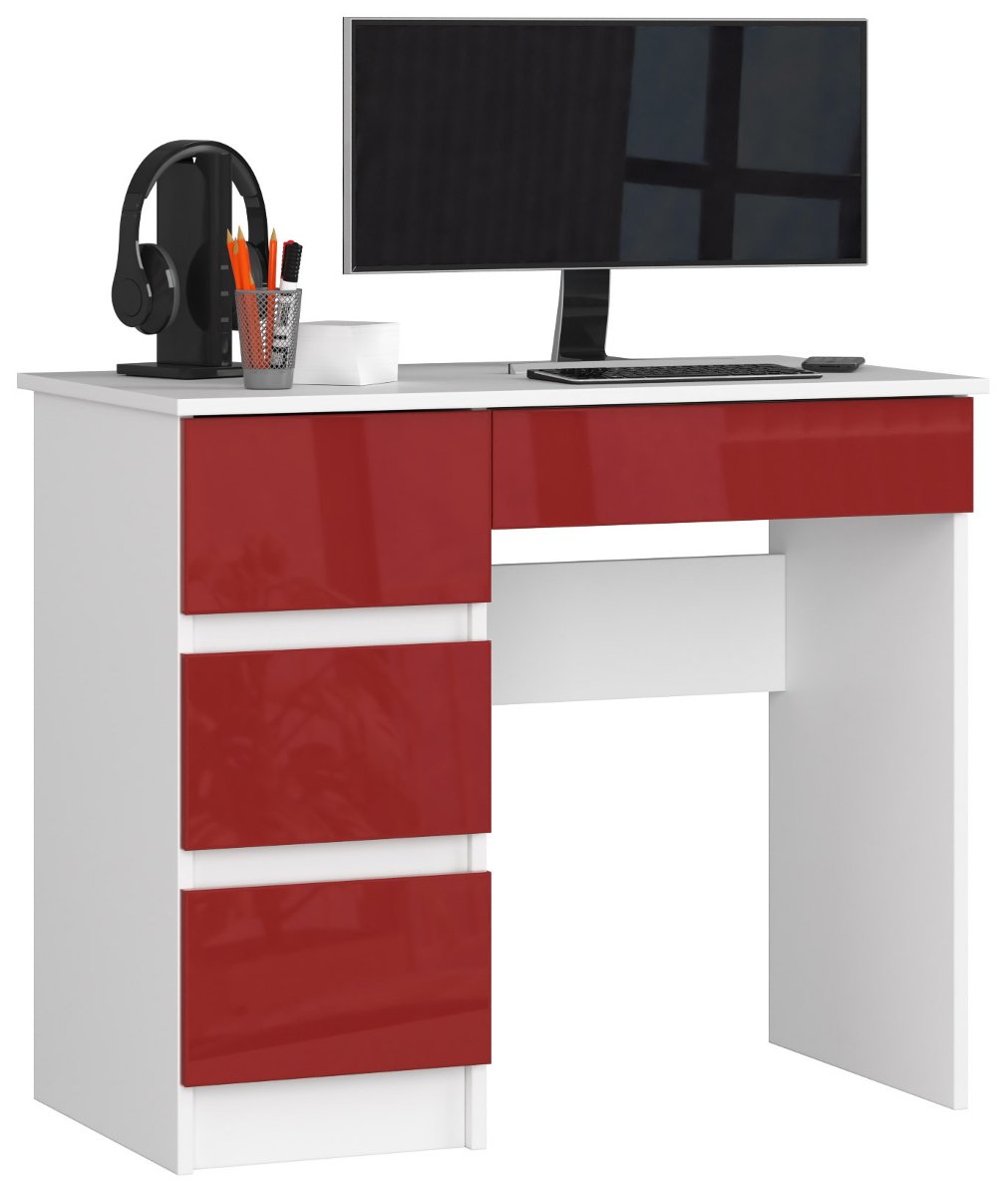 Фото - Офісний стіл Akord Biurko komputerowe A-7 90 cm lewostronne 4 szuflady małe - Białe Czerwony 