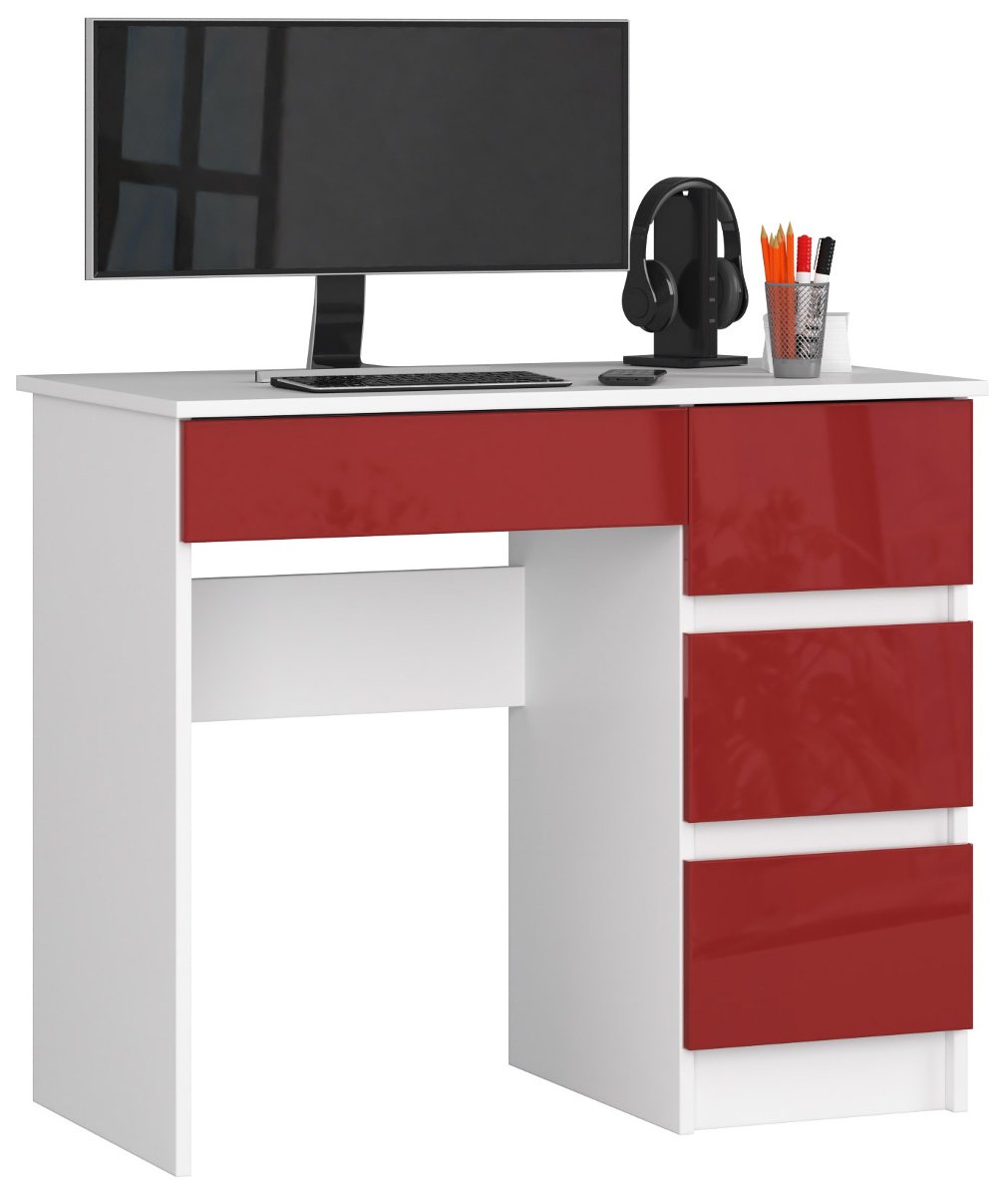 Фото - Офісний стіл Akord Biurko komputerowe A-7 90 cm prawostronne 4 szuflady małe - Białe Czerwony 