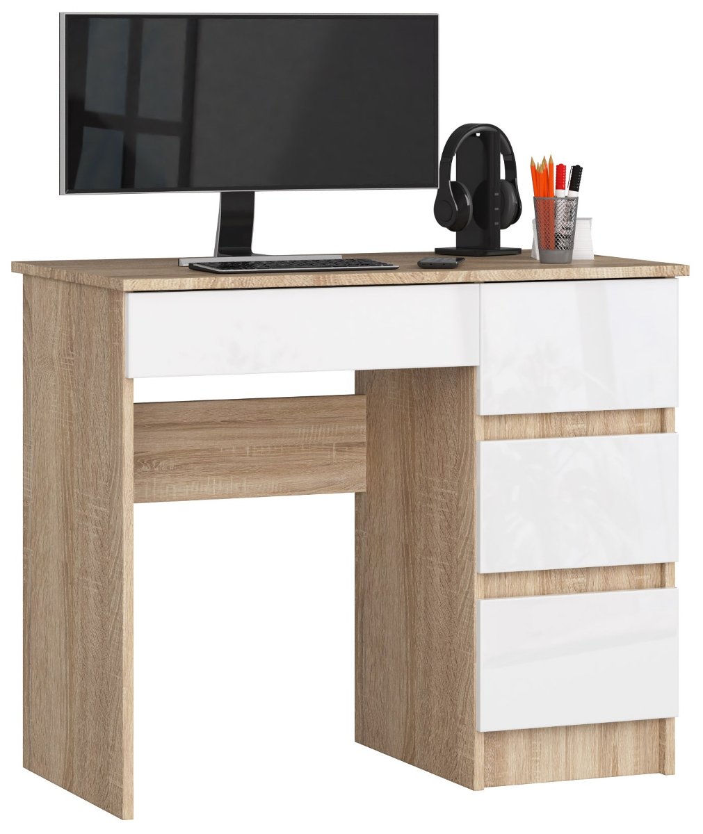 Фото - Офісний стіл CLP Biurko komputerowe A-7 90 cm prawostronne 4 szuflady małe - Dąb Sonoma Bia 