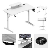 Biurko komputerowe Mark Adler Leader 5.1, z dużą półką na monitor dla lepszej ergonomii, wbudowaną ładowarką USB do szybkiego ładowania, uchwytem na słuchawki i napój dla wygody, systemem porządku kabli dla estetyki, solidną stalową konstrukcją dla stabilności, Biały