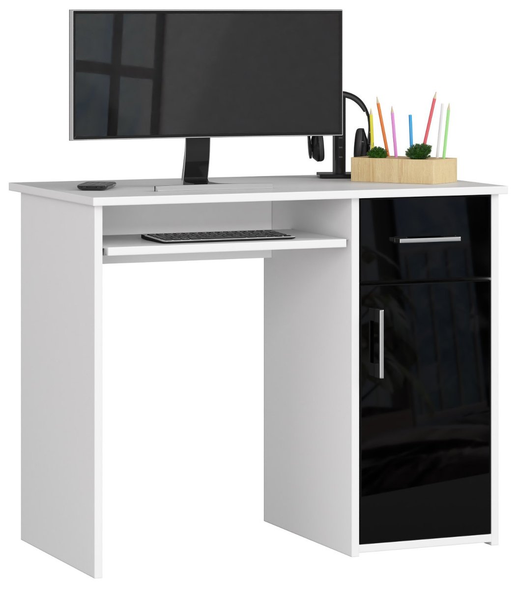 Фото - Офісний стіл Biurko komputerowe PIN wolnostojące 90 cm 1 szuflada 1 drzwi 3 półki - Bia