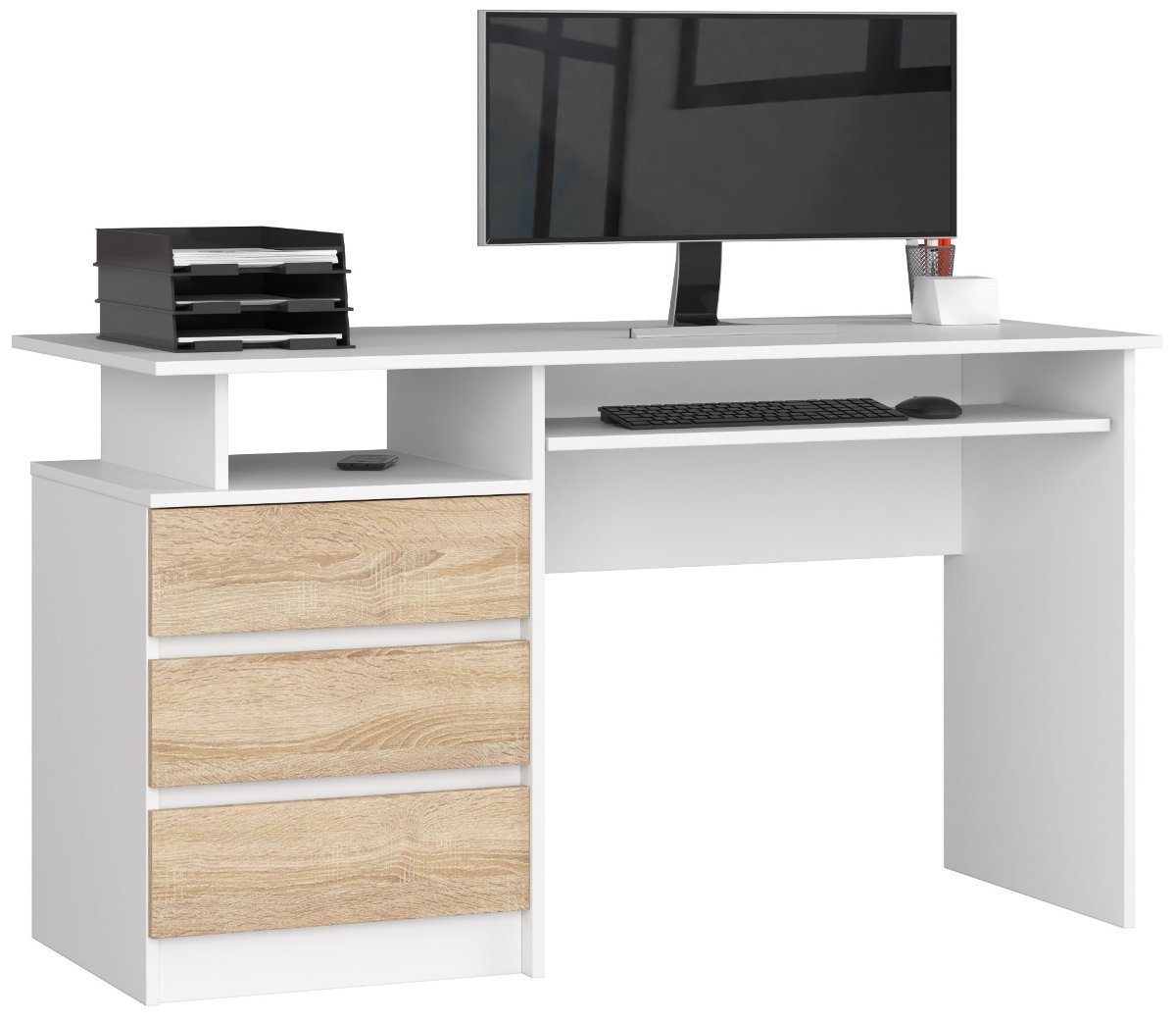 Фото - Офісний стіл Akord Biurko wolnostojące komputerowe CLP 135 cm 3 szuflady 2 półki - Białe Dąb 