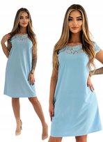 Błękitna Elegancka Sukienka z Koronką na Dekolcie Rozmiar 38