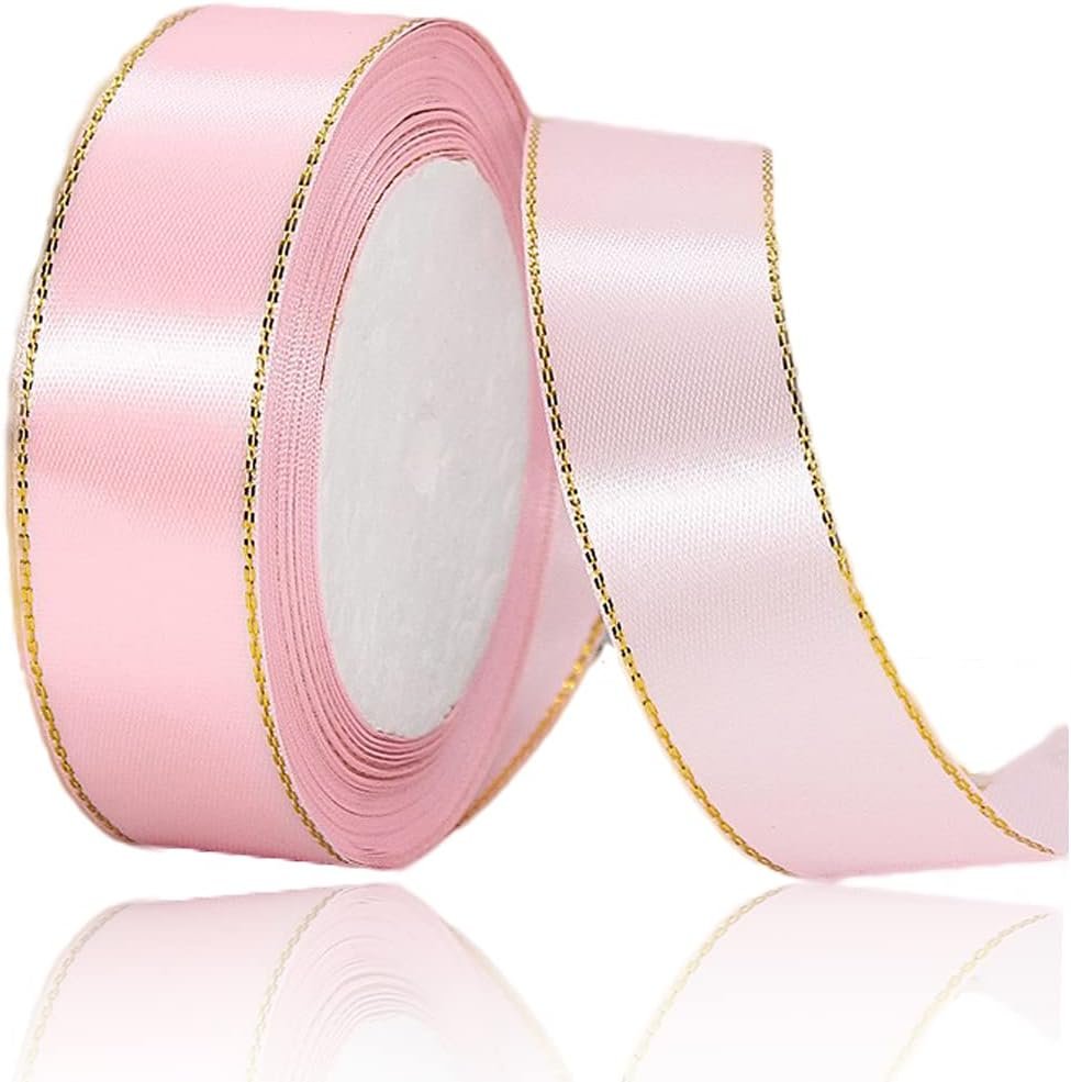 Blush Pink Ribbon 20mm, 23 Meters Satin Fabric Ribbon with Rim, Gold ...
