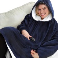 Bluza Koc Kocobluza Oversize Gruba Futrzak 2W1 Ciepła Z Kapturem Niebieska