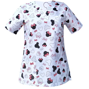 Bluza medyczna damska  Myszka Miki  z czerwoną kokarda na białym tle  1046.1 XXS - M&C