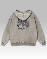 Bluza oversize z kapturem Horse Girl Kolorowy Koń Sprana Popielaty L